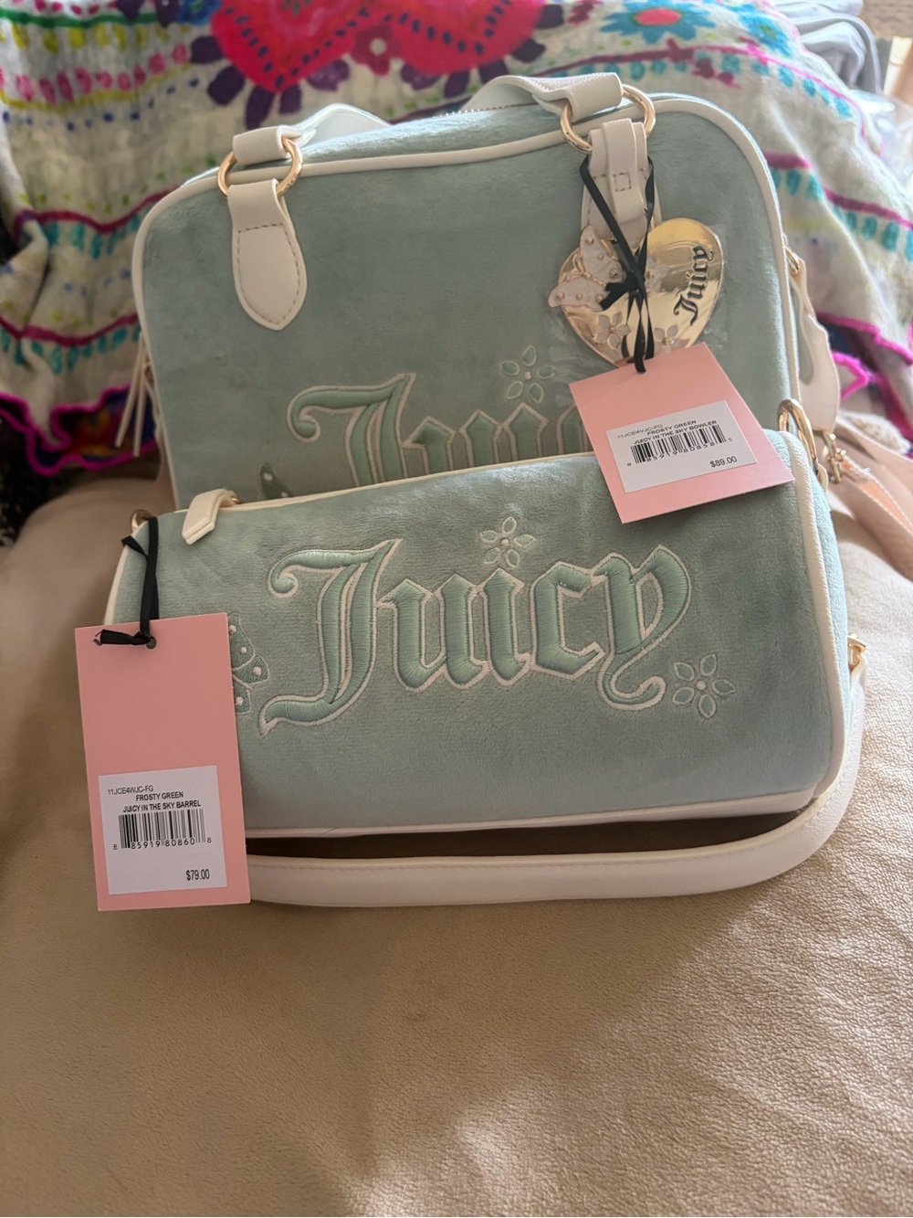 Juicy Couture Mint Green and Cream Satchel with Heart Charm - Picture 6 of 8